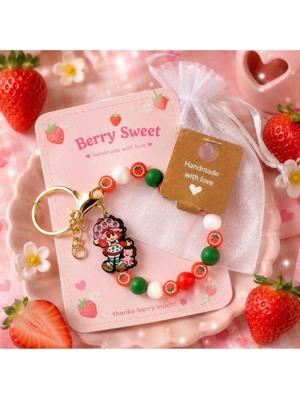 Strawberry Shortcake Beaded Charm Bracelet Keychain Tote Accessory